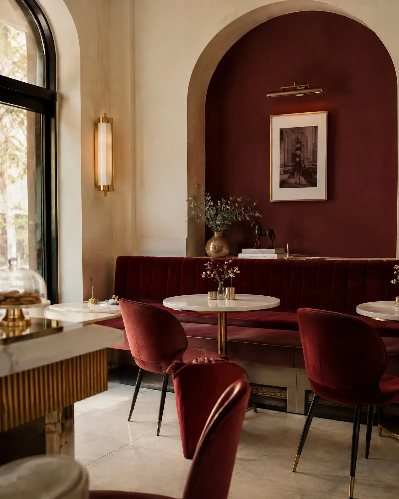 Qahwa café interior with maroon arched niche